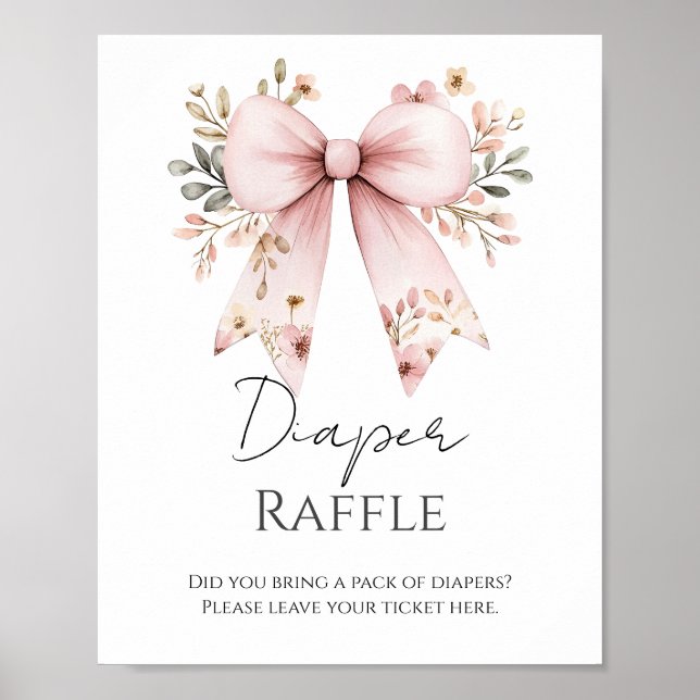 Rosa Blommigt Bow Baby Shower Diaper Raffle Poster (Framsidan)