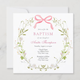 Rosa Blommigt Bow Baptism Christening Inbjudningar