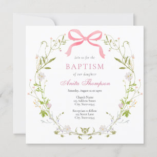 Rosa Blommigt Bow Baptism Christening Inbjudningar
