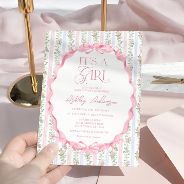  Rosa Blommigt Bow Det är en babystötare för flick Inbjudningar (Skapare uppladdad)
