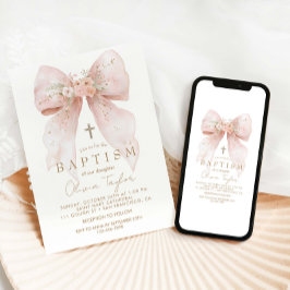 Rosa Blommigt Bow Girl Baptism Inbjudningar