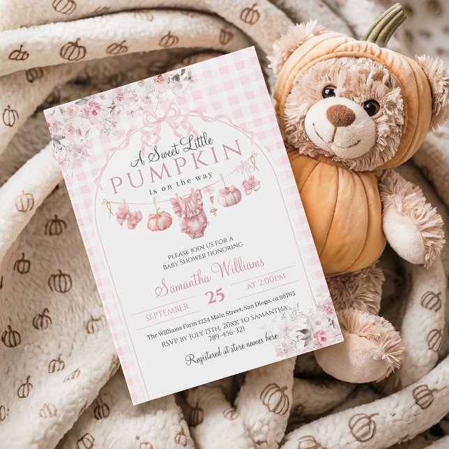 Rosa Blommigt Bow Little Pumpkin Girl Baby Shower Inbjudningar (Skapare uppladdad)