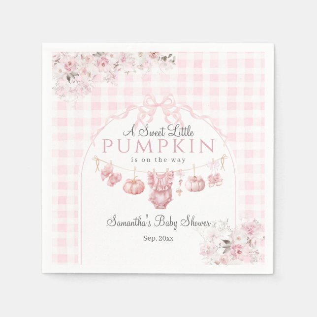 Rosa Blommigt Bow Little Pumpkin Girl Baby Shower Pappersservett (Framsidan)