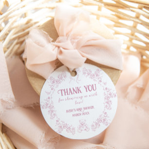 Rosa Blommigt Bow Toile Nalle Baby Shower Gåvor Etiketter