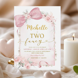 Rosa Blommigt Bow Två Finare, andra födelsedag Inbjudningar