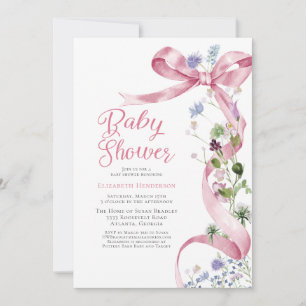 Rosa Blommigt Bow Wildblomma Baby Shower Inbjudningar