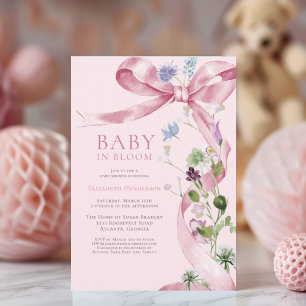 Rosa Blommigt Bow Wildblomma Baby Shower Inbjudningar