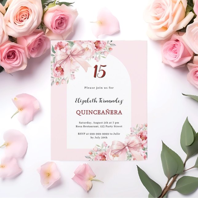 Rosa blommigt bows arch Quinceanera-inbjudan (Skapare uppladdad)