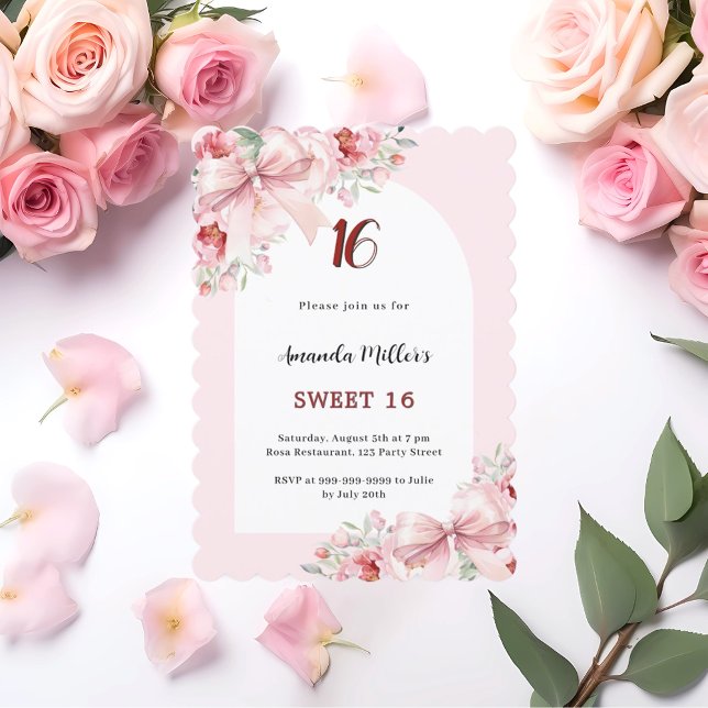 Rosa blommigt bows arch scalloped Sweet 16 Inbjudningar (Skapare uppladdad)