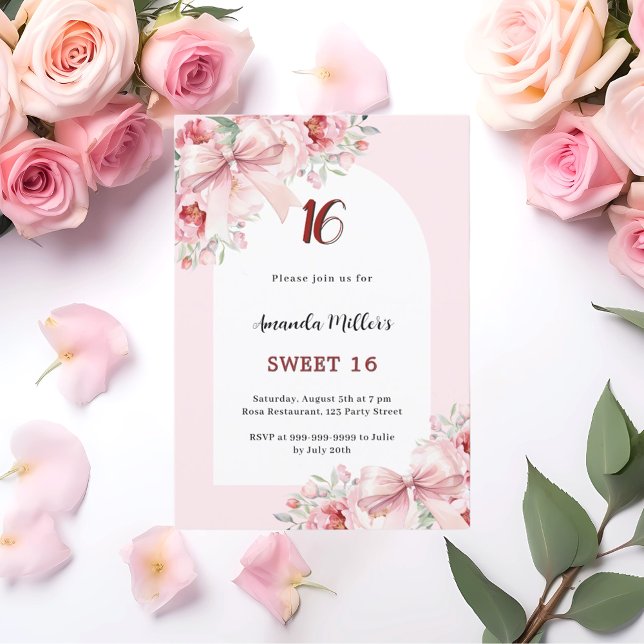 Rosa blommigt bows arch Sweet 16 Inbjudningar (Skapare uppladdad)