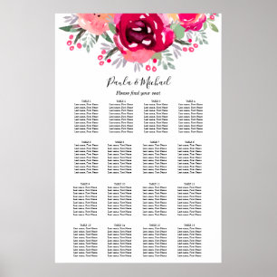 Rosa Blommigt Bröllop 16 Bord-sittplatsplan Poster