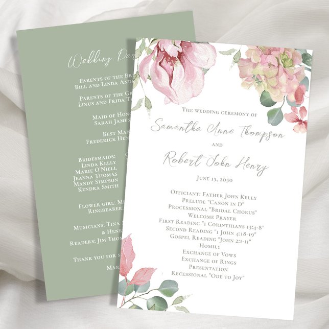  Rosa Blommigt Bröllop Ceremony (Blush pink floral wedding ceremony program.)