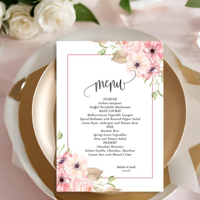 Rosa Blommigt bröllop Menu Meny (Skapare uppladdad)