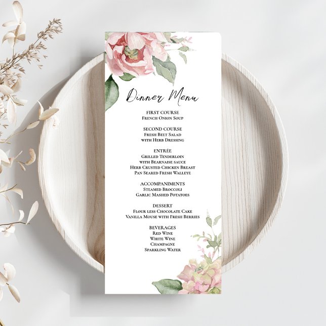  Rosa Blommigt Bröllop Middag Meny (Elegant calligraphy script floral wedding menu card template. )