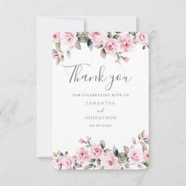Rosa Blommigt Bröllop - platta tackkort Tack Kort (Framsida)