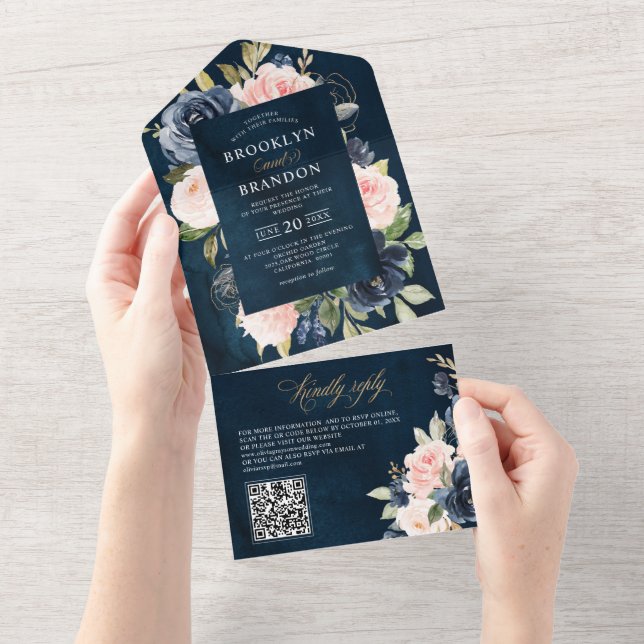  Rosa Blommigt Bröllop QR-kod för marinblå damm (Tearaway)