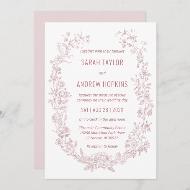 Rosa Blommigt Bröllop Rustic Bohemian Inbjudningar (Fram/baksida)
