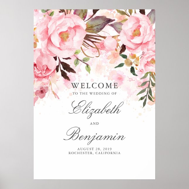 Rosa Blommigt Bröllop välkomstskylt Poster (Framsidan)