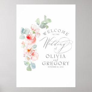Rosa Blommigt Bröllop välkomstskylt Poster