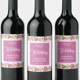Rosa Blommigt Bröllop Vin Vinflaska Etikett