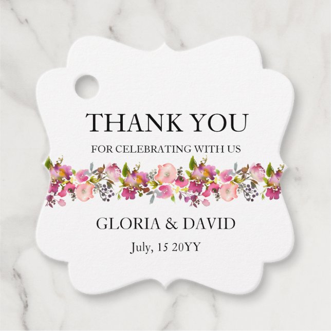 Rosa Blommigt BröllopsfavoritMärkre Gåvor Etiketter (Framsida)