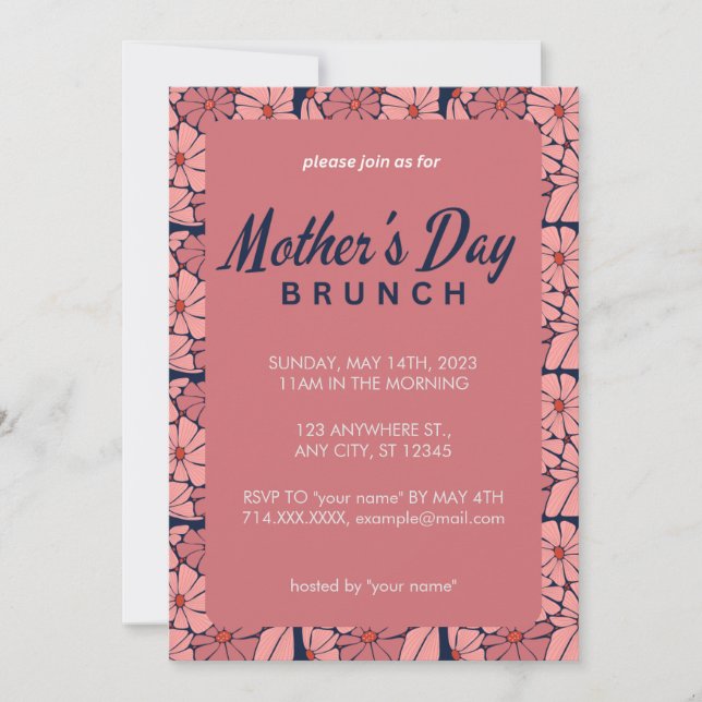 Rosa Blommigt Brunch-inbjudan till Mor-dagen Inbjudningar (Framsida)