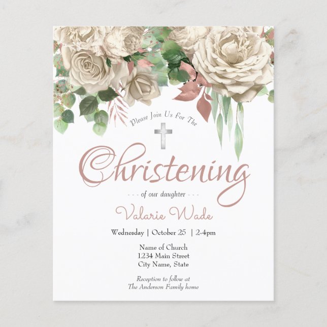 Rosa Blommigt Budget Christening Flyer (Framsidan)