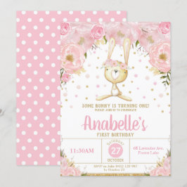 Rosa Blommigt Bunny 1:a födelsedagsinbjudan Flicka Inbjudningar