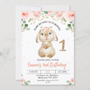 Rosa Blommigt Bunny 1:a födelsedagsinbjudan Inbjudningar