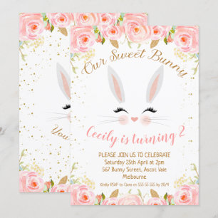 Rosa Blommigt Bunny Ansikte Birthday-inbjudan Inbjudningar