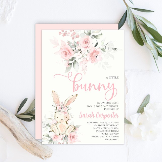 Rosa Blommigt Bunny Baby Shower Girl-inbjudan Inbjudningar (Skapare uppladdad)