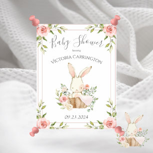 Rosa Blommigt Bunny Baby Shower Poster