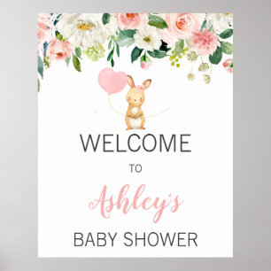 Rosa Blommigt Bunny Baby Shower Välkomstskylt Poster