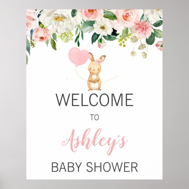 Rosa Blommigt Bunny Baby Shower Välkomstskylt Poster (Framsidan)