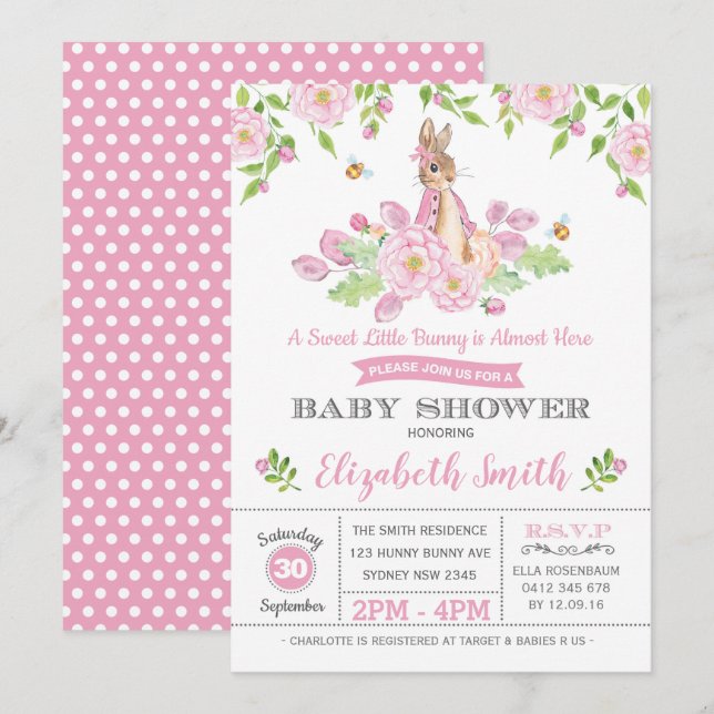 Rosa Blommigt Bunny Baby Shower Woodland Girl Rabb Inbjudningar (Fram/baksida)