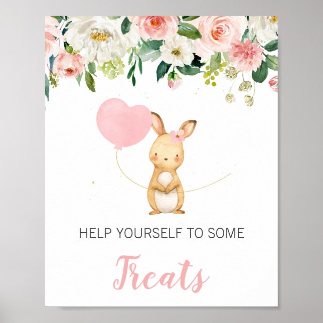 Rosa Blommigt Bunny Balloon Baby Shower Sign Poster (Framsidan)