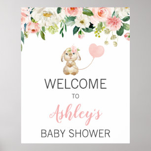 Rosa Blommigt Bunny Balloon Baby Shower Välkomstsk Poster