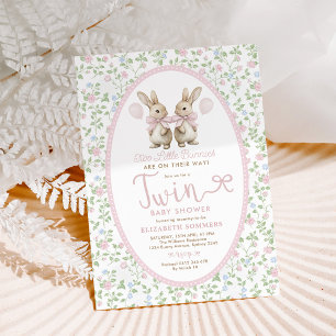 Rosa Blommigt Bunny Balloon Twin Girl Baby Shower Inbjudningar