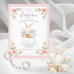 Rosa Blommigt Bunny Baptism Christening-inbjudan Vykort<br><div class="desc">Söt liten vattenfärgad kanin i baby i ett torkat basket med värdefulla pastellblommor. Hennes lilla rosa filtar är nedbruten över basket. Så söt för flicka Baptism/Christening. 100 % kundtillfredsställelse med "Zazzle"</div>