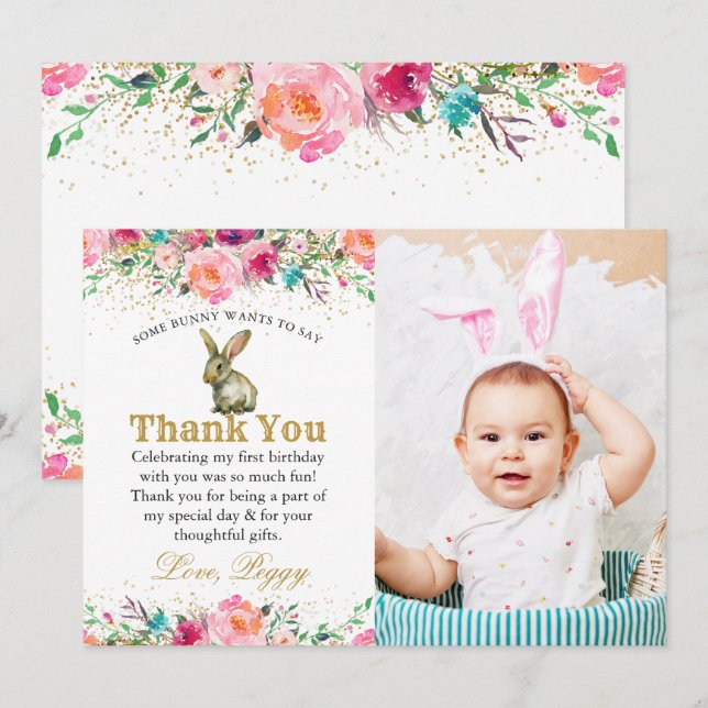 Rosa Blommigt Bunny Birthday Photo - tackkort Tack Kort (Fram/baksida)