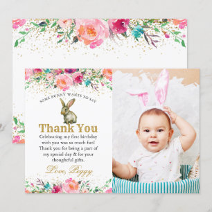 Rosa Blommigt Bunny Birthday Photo - tackkort Tack Kort
