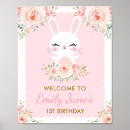 Rosa Blommigt Bunny Cute Rabbit 1:a födelsedagen P Poster