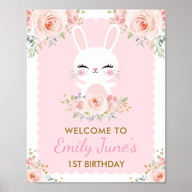 Rosa Blommigt Bunny Cute Rabbit 1:a födelsedagen P Poster (Framsidan)