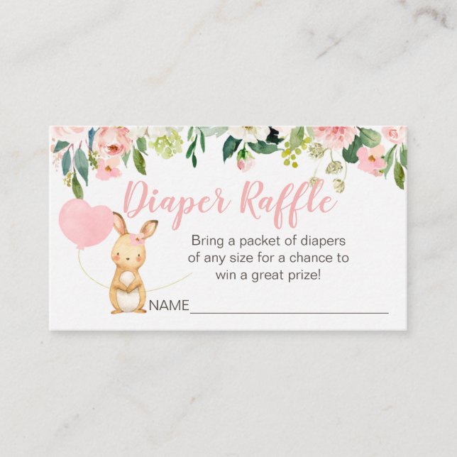 Rosa Blommigt Bunny Diaper Raffle Card Infoga Tilläggskort (Framsida)