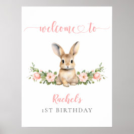 Rosa Blommigt Bunny Girl 1:a födelsedag Välkommen Poster