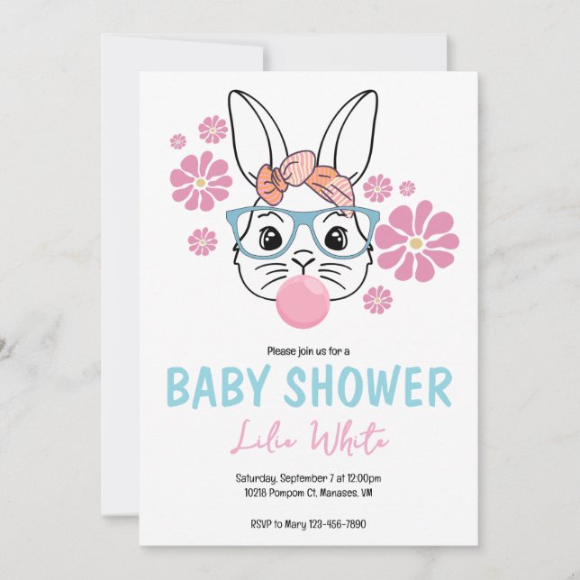Rosa Blommigt Bunny Girl Baby Shower personlig Inbjudningar (Framsida)