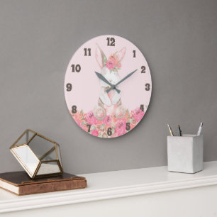 Rosa Blommigt Bunny Kids Room Baby Nursery Stor Klocka