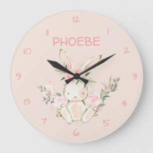 Rosa Blommigt Bunny Nursery Wall Clock Stor Klocka