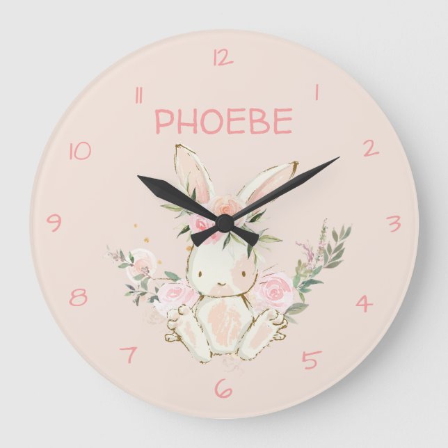 Rosa Blommigt Bunny Nursery Wall Clock Stor Klocka (Framsida)