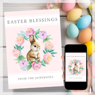 Rosa Blommigt Bunny Påsk Blessings Julkort